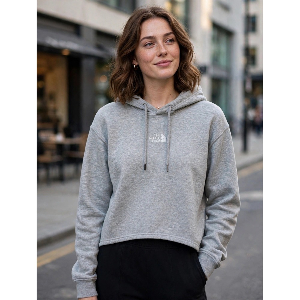 The North Face Womens Cropped Hoodie Heather Gray Fleece Logo Sweatshirt M A84GT